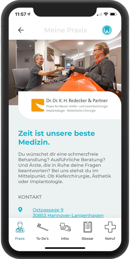 Weissheitszahn-App "Meine Praxis"-Seite Weissheitszahn-App "Meine Praxis"-Seite