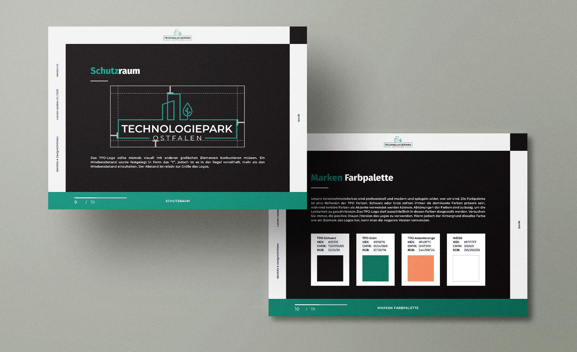 Darstellung zweier Inhaltsseiten des Brand Manuals für das TPO.