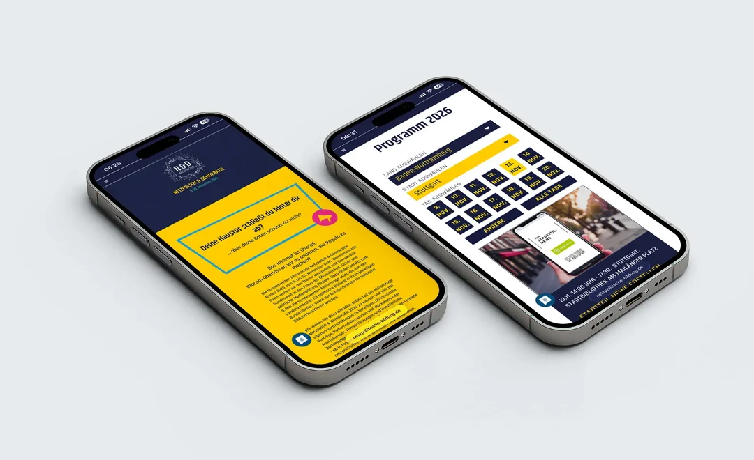 Zwei Smartphones mit Ansichten der Sites netzpolitische-bildung.de
