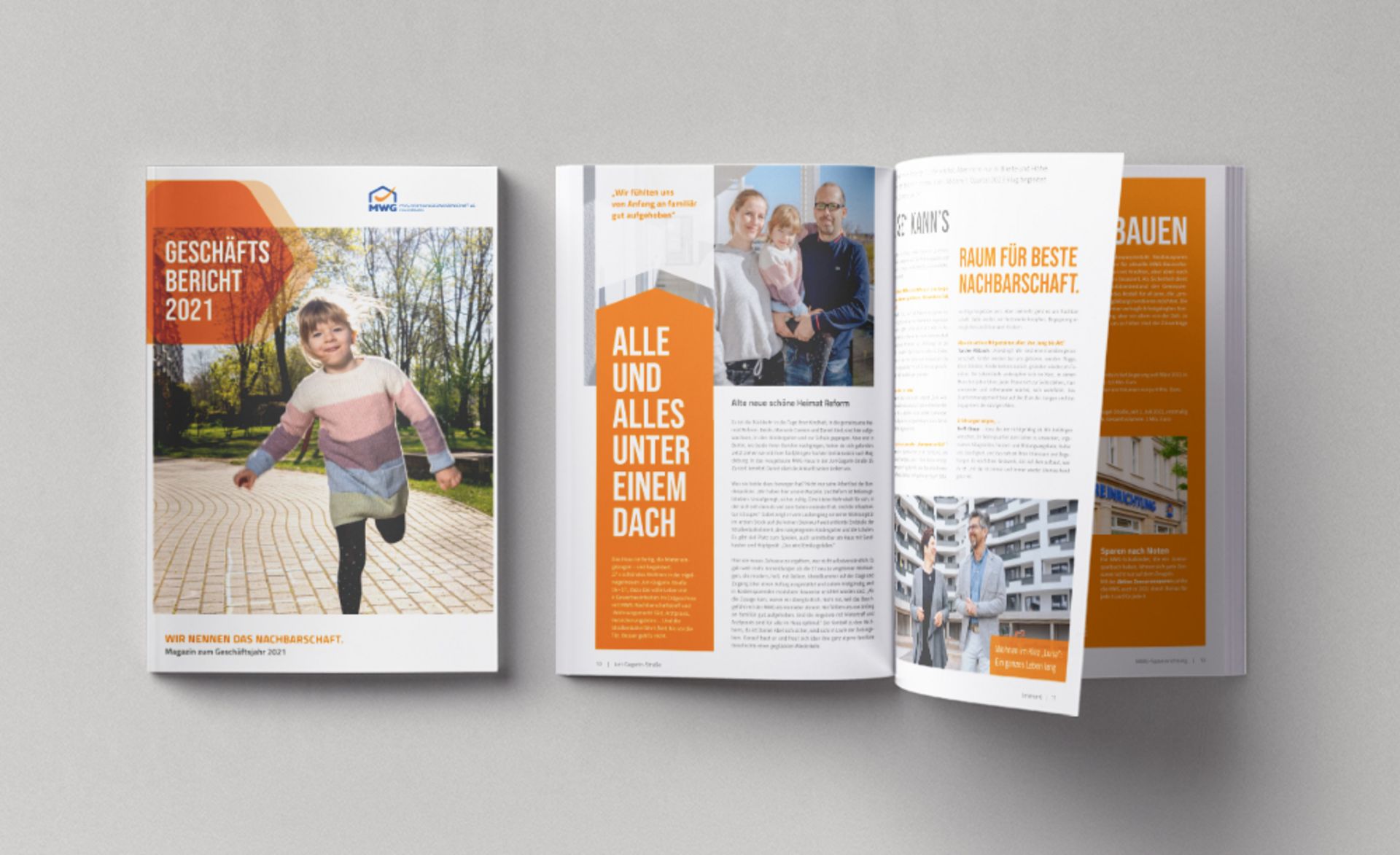 Ansicht des Geschäftsberichts der MWG 2021: Cover und Innengestaltung