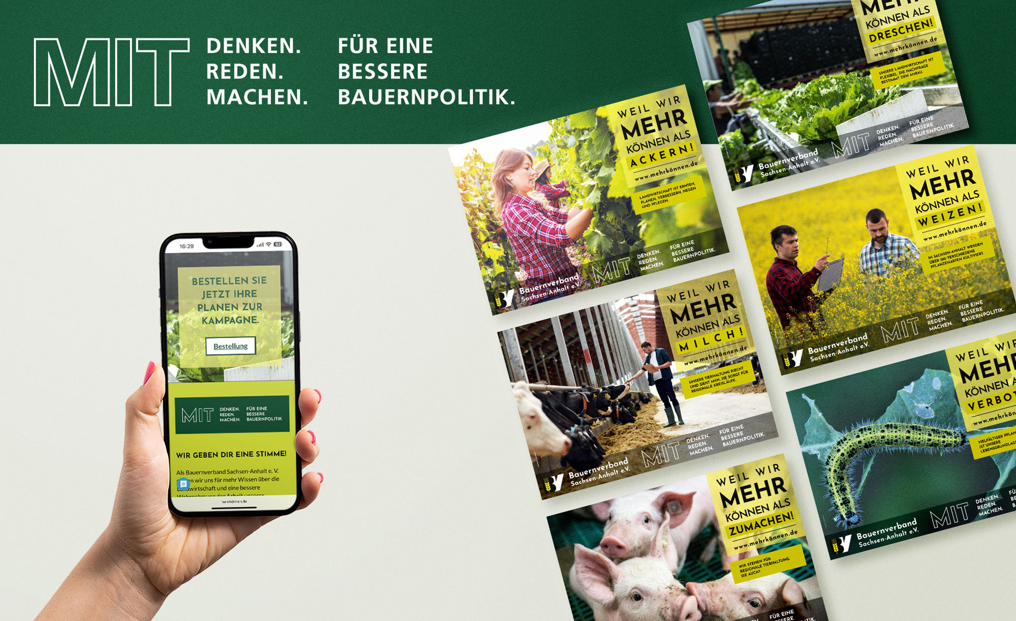 Webseite auf einem Smartphone, Claim sowie Plakate.