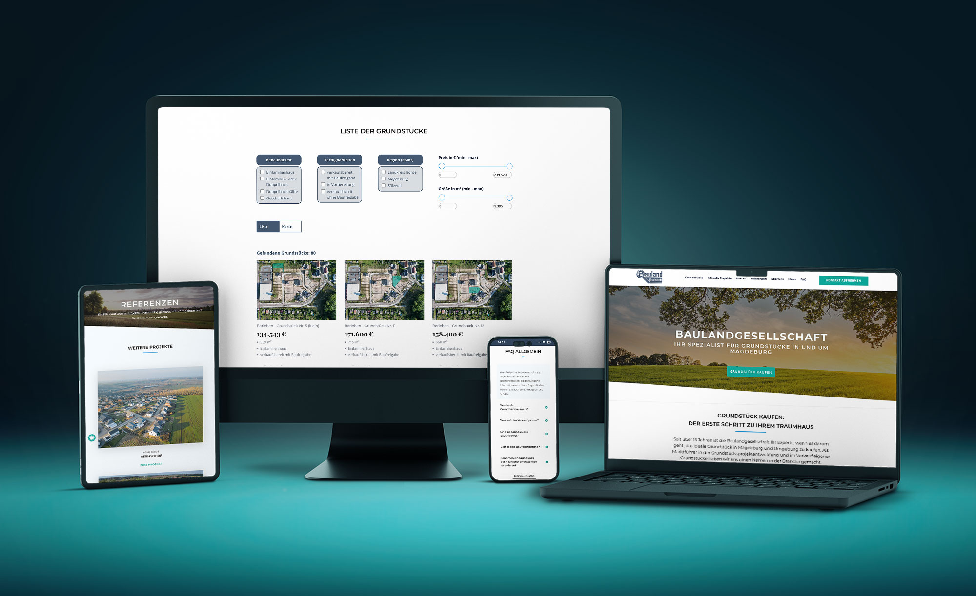 Webauftritt der Baulandgesellschaft auf verschiedenen Devices.