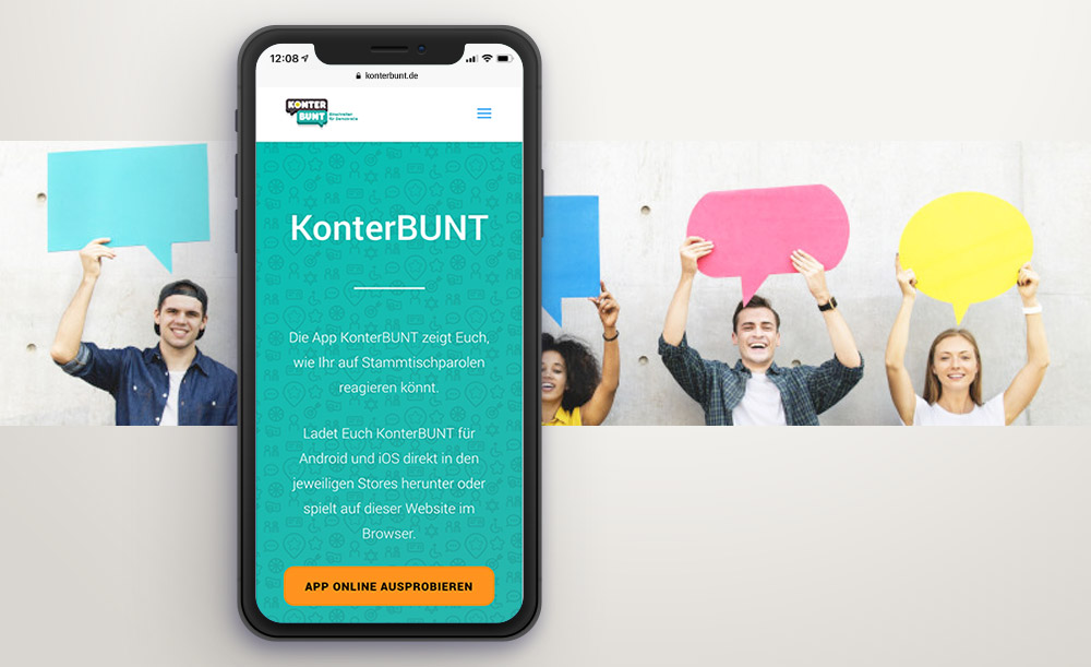 Konterbunt Mobile-Webseite und Menschen im HG