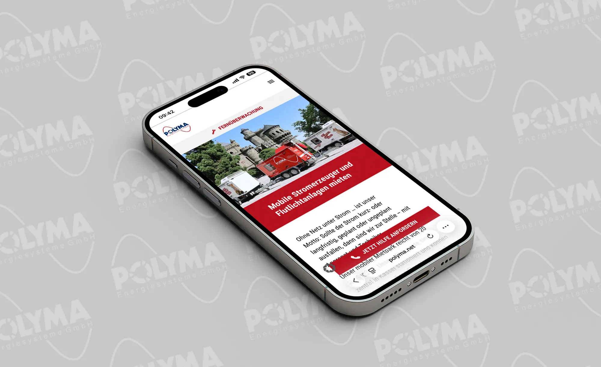 Smartphone mit geöffneter POLYMA-Website