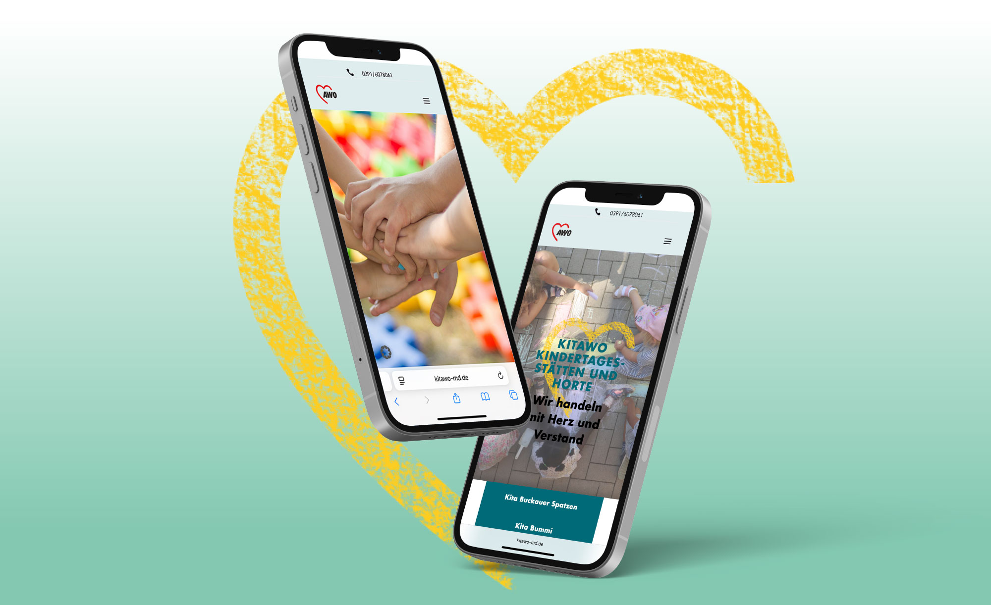 Mockup der Webseite „KITAWO gGmbH“, Smartphone-Ansichten